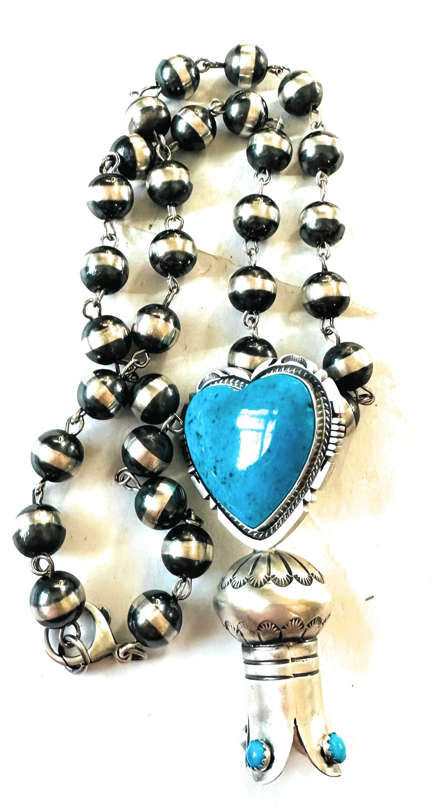 Handcrafted Sterling Silver & Turquoise Heart Blossom Beaded Necklace