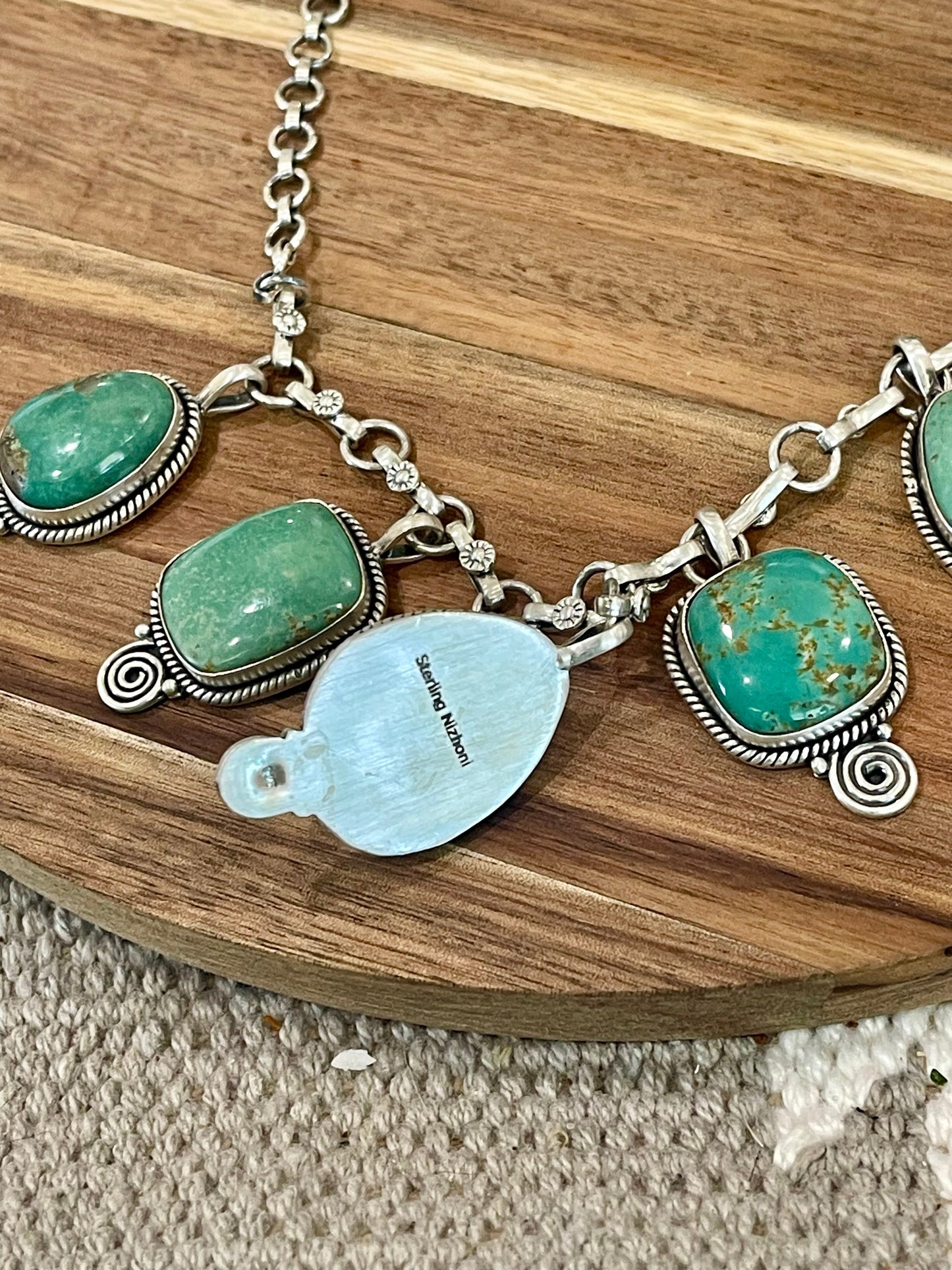 Handmade Sterling Silver & Royston Turquoise Dangle Necklace Signed Nizhoni