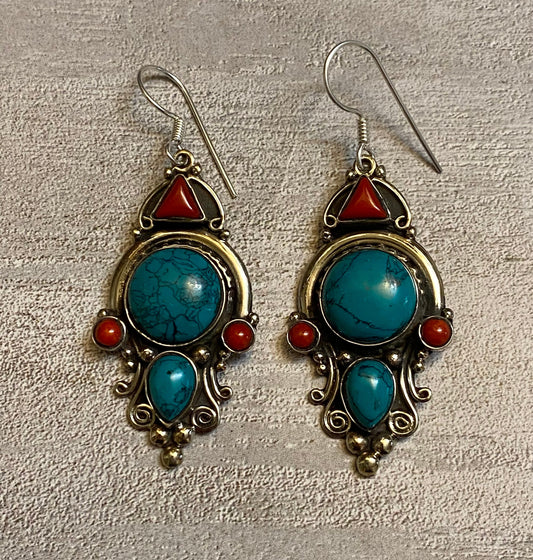 Elegant Turquoise Color & Red Accent Dangle Earrings