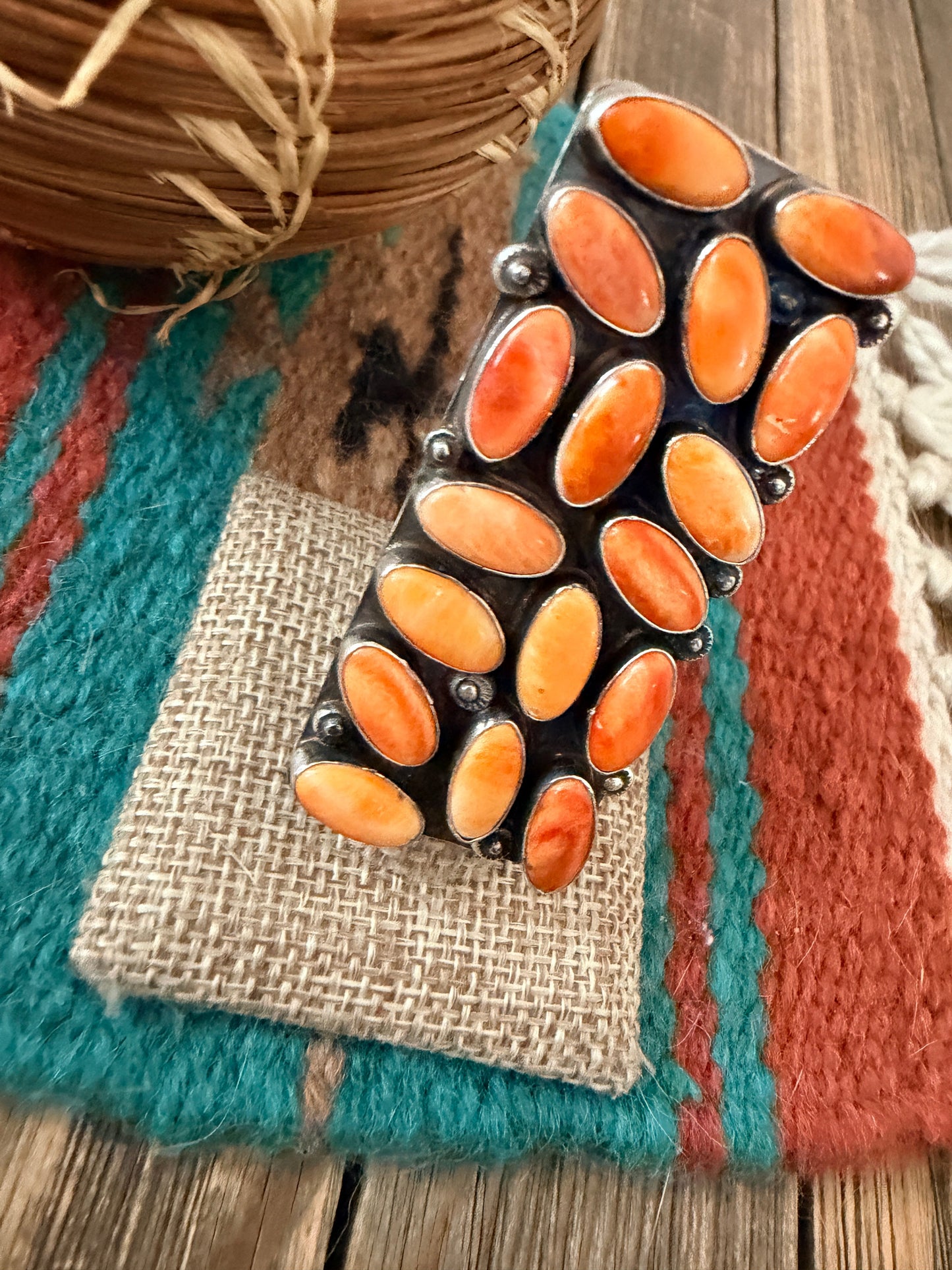 Handcrafted Orange Spiny Oyster & Sterling Silver Cluster Adjustable Ring by Jacqueline Silver