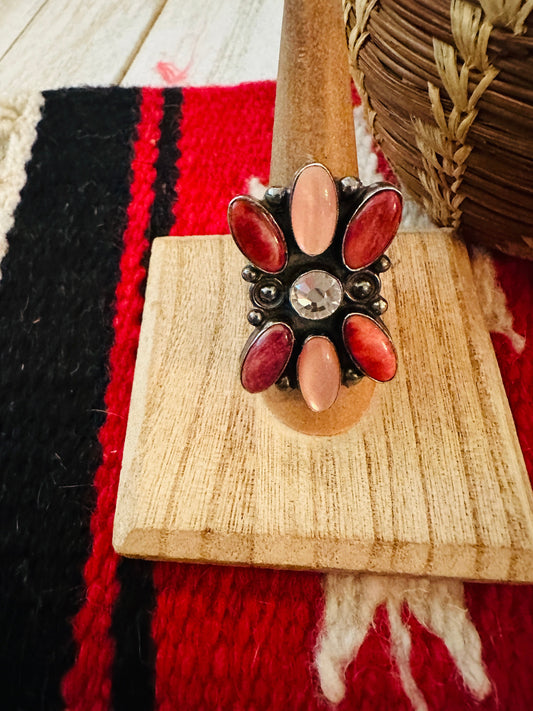Handcrafted Sterling Silver, Mother of Pearl, Spiny & CZ Cluster Ring Size 7.25