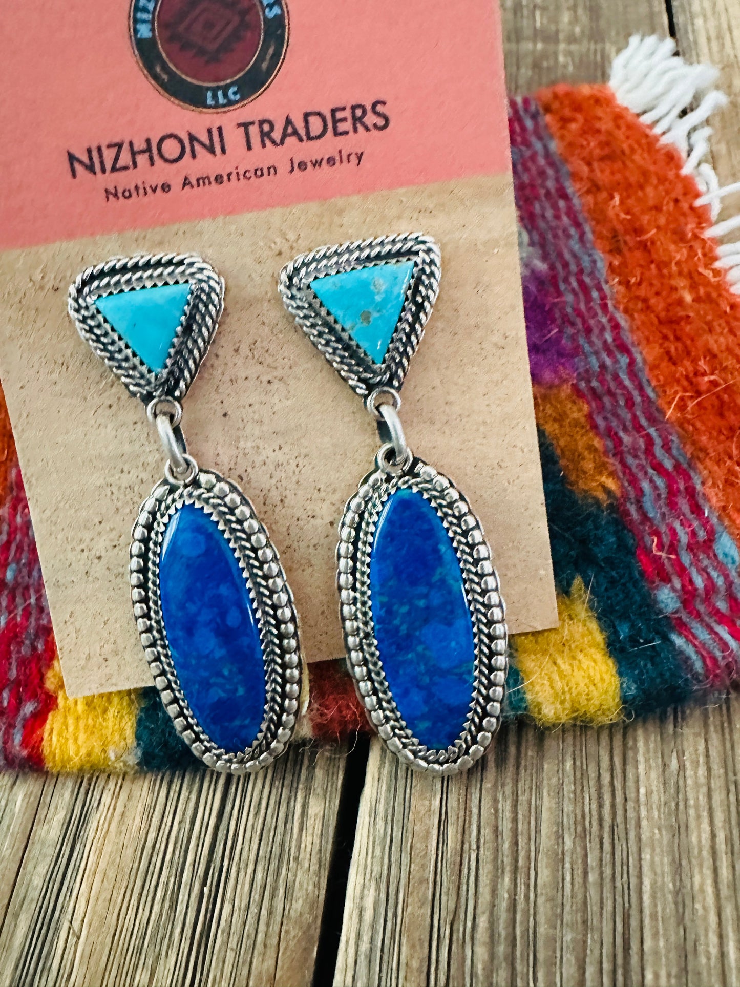 Handcrafted Lapis, Turquoise & Sterling Silver Dangle Earrings