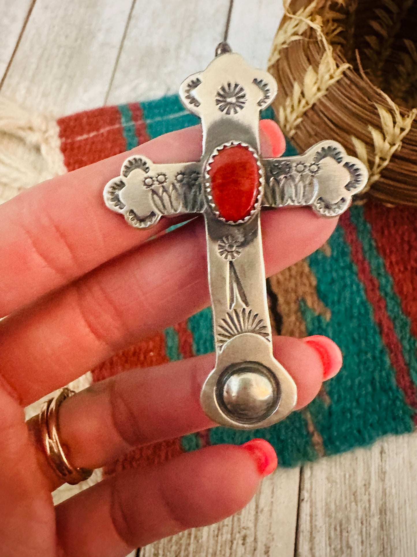 Handcrafted Red Spiny & Sterling Silver Cross Pendant