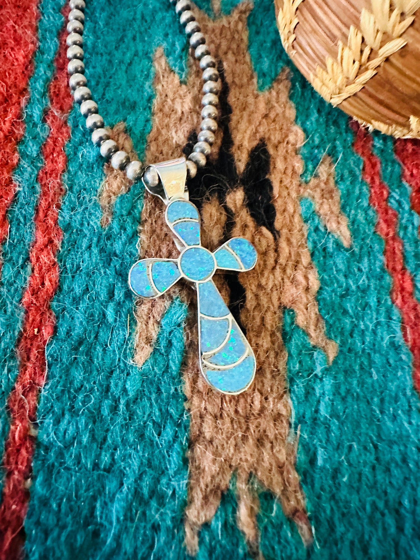 Handcrafted Sterling Silver & Blue qOpal Inlay Cross Pendant Signed
