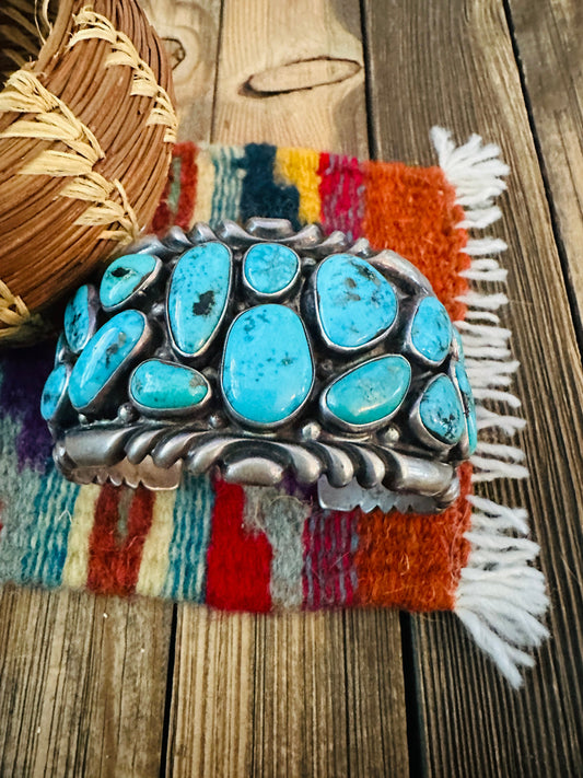 Handcrafted Old Pawn Sterling Silver & Turquoise Cluster Cuff Bracelet
