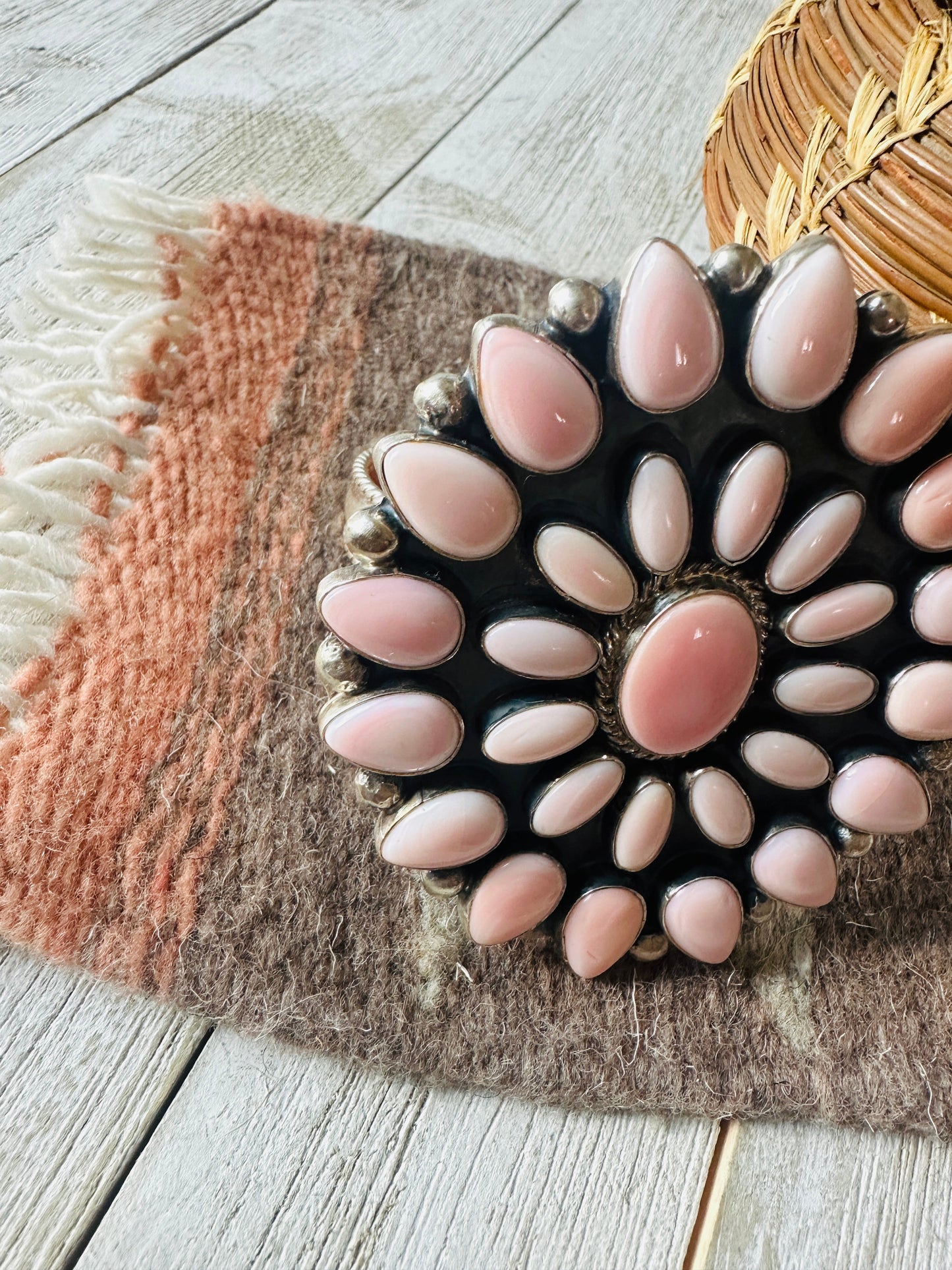 Handcrafted Queen Pink Conch Shell & Sterling Silver Cluster Cuff Bracelet