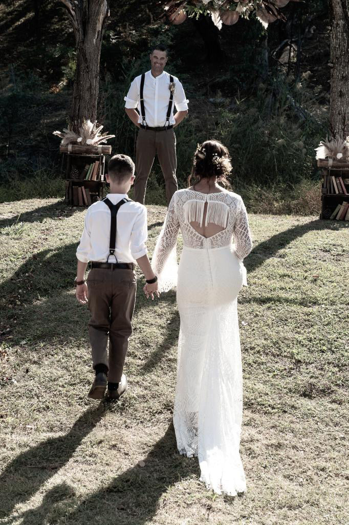 The Jolene Gown Custom Boho Lace Western Wedding Dress with Bell Slee A Western Wedding Co The Jolene Gown Custom Boho Lace Western Wedding Dress with Bell Slee A Western Wedding Co