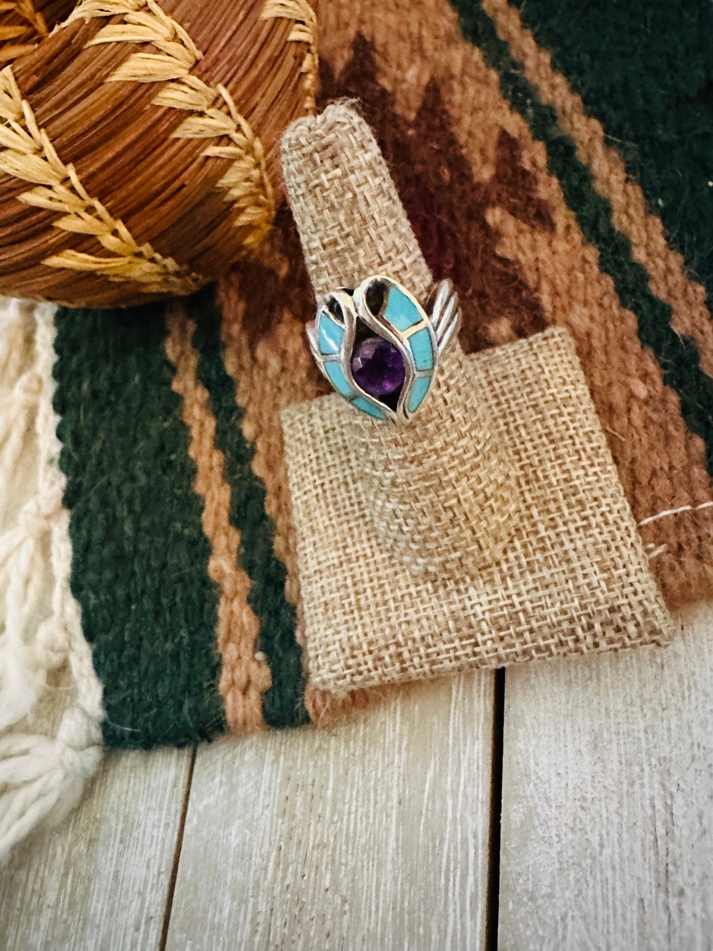 Old Pawn Handcrafted Turquoise, Amethyst & Sterling Silver Ring Size 7