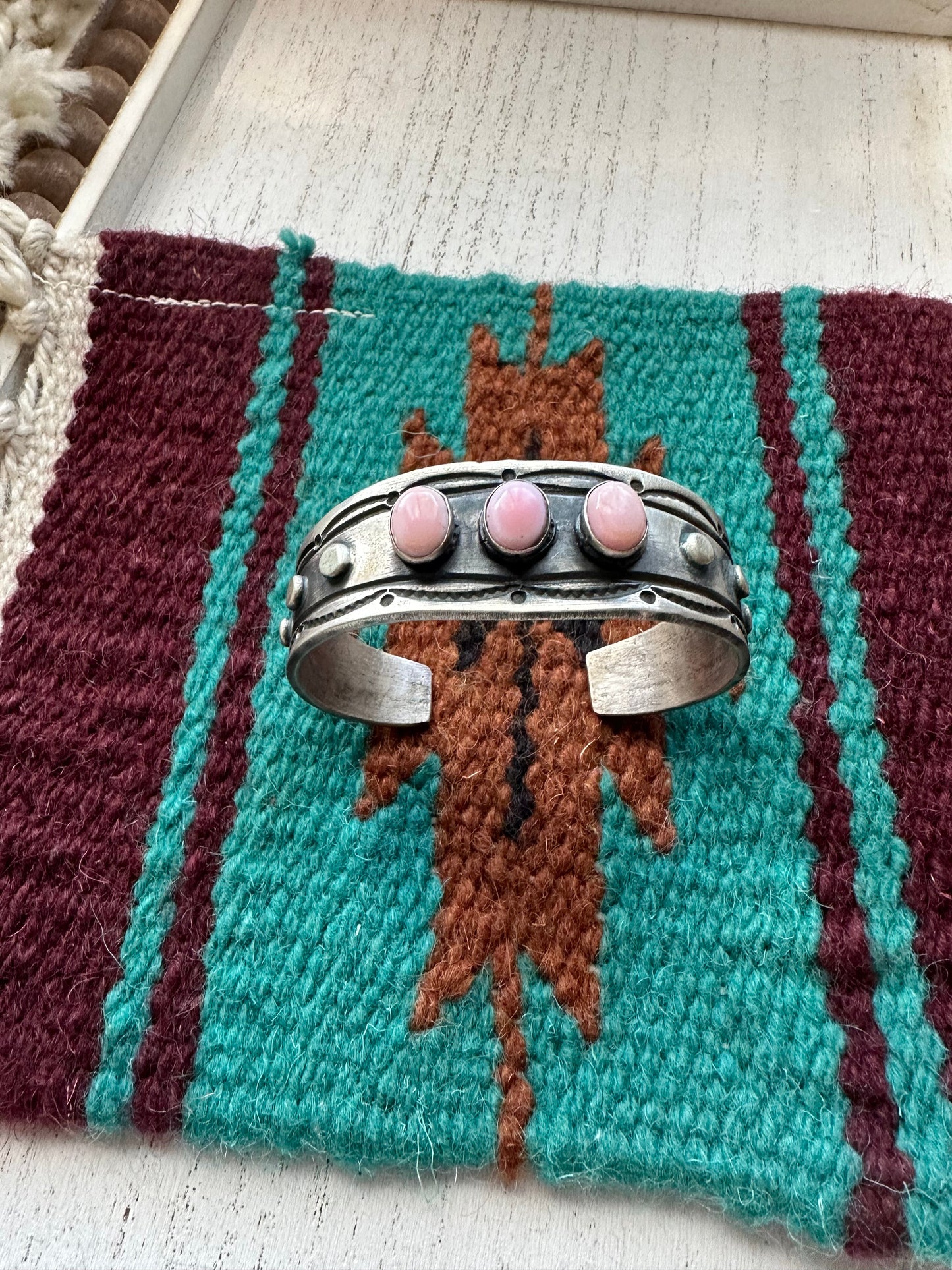 Navajo 3Stone Queen Pink Conch Shell & Sterling Silver Cuff Bracelet by Chimney Butte