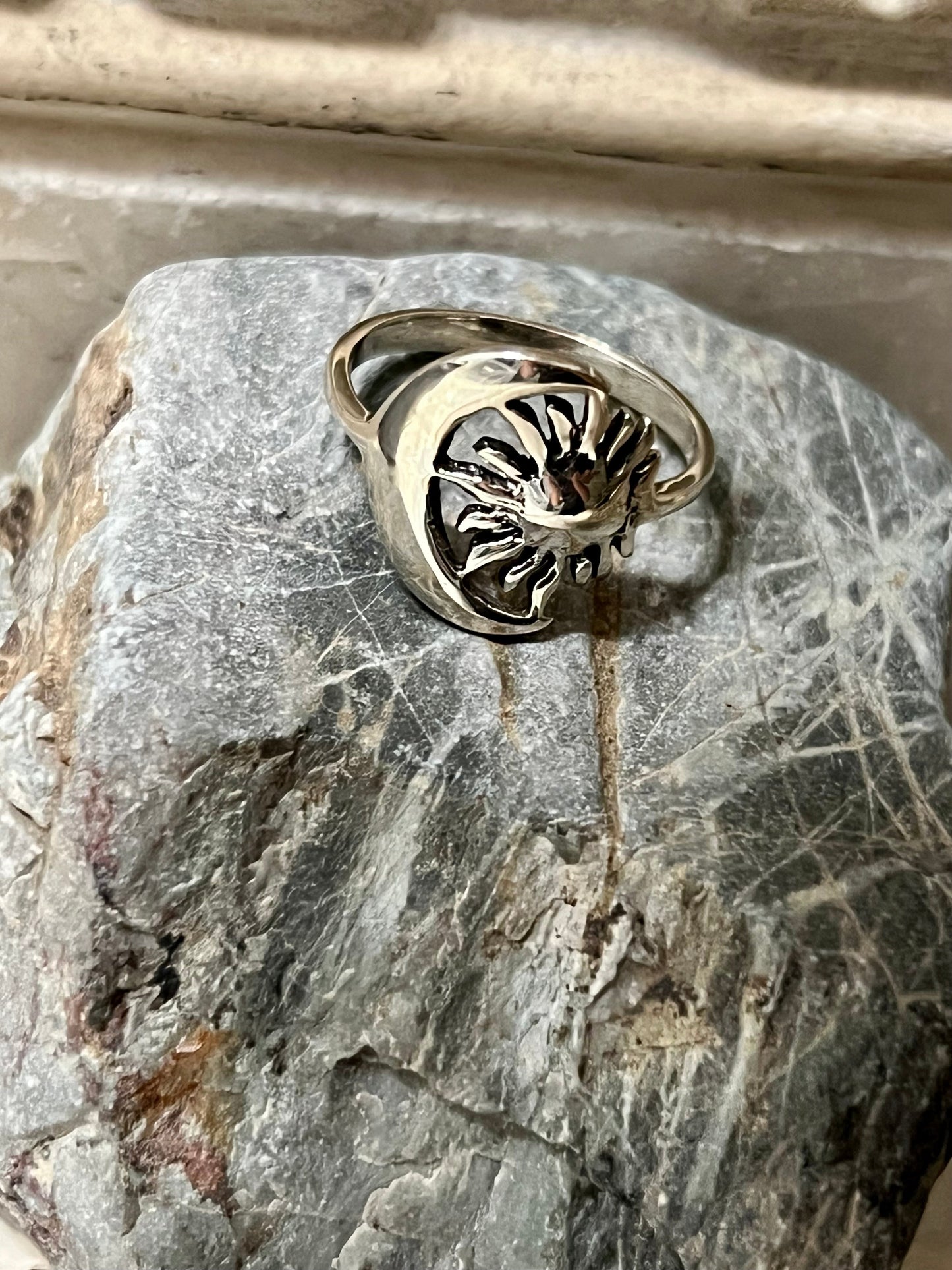 Sun and Crescent Moon Sterling Silver Ring
