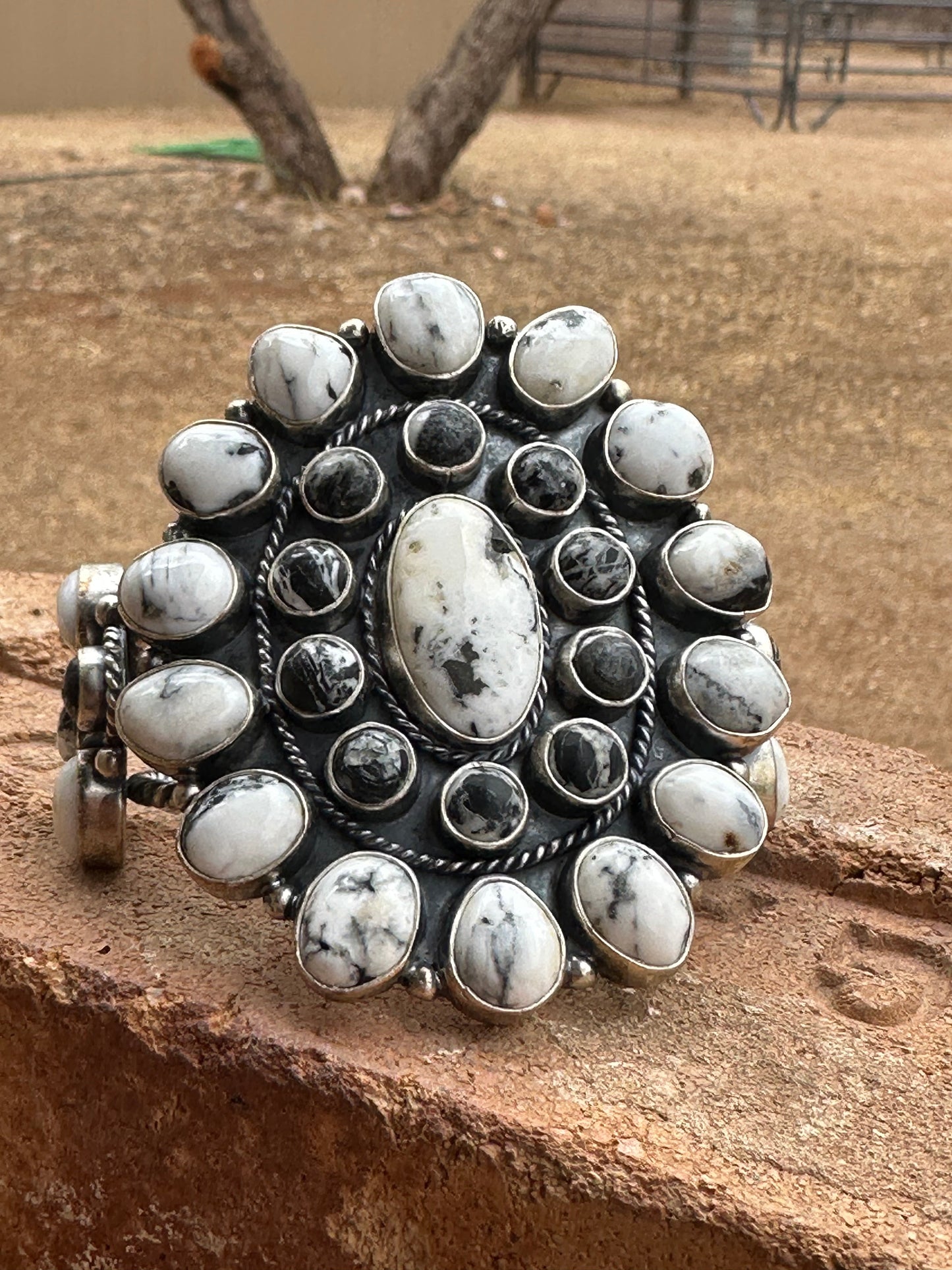 Handcrafted White Buffalo & Sterling Silver Cluster Cuff Bracelet