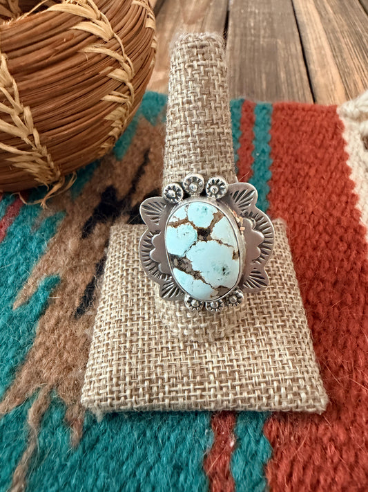 Handcrafted Dry Creek Turquoise & Sterling Silver Adjustable Ring by Cordell Platero