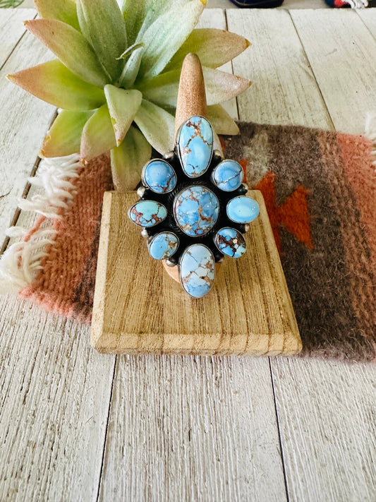 Handcrafted Golden Hills Turquoise & Sterling Silver Cluster Ring Size 8
