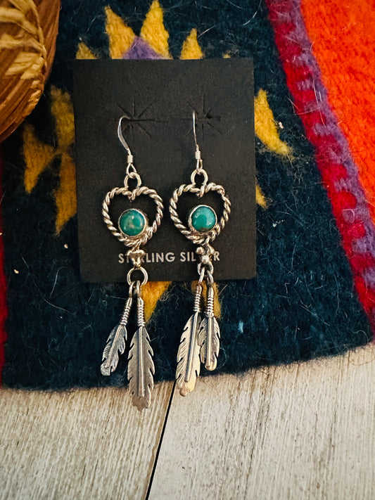 Handcrafted Turquoise & Sterling Silver Heart Feather Dangle Earrings