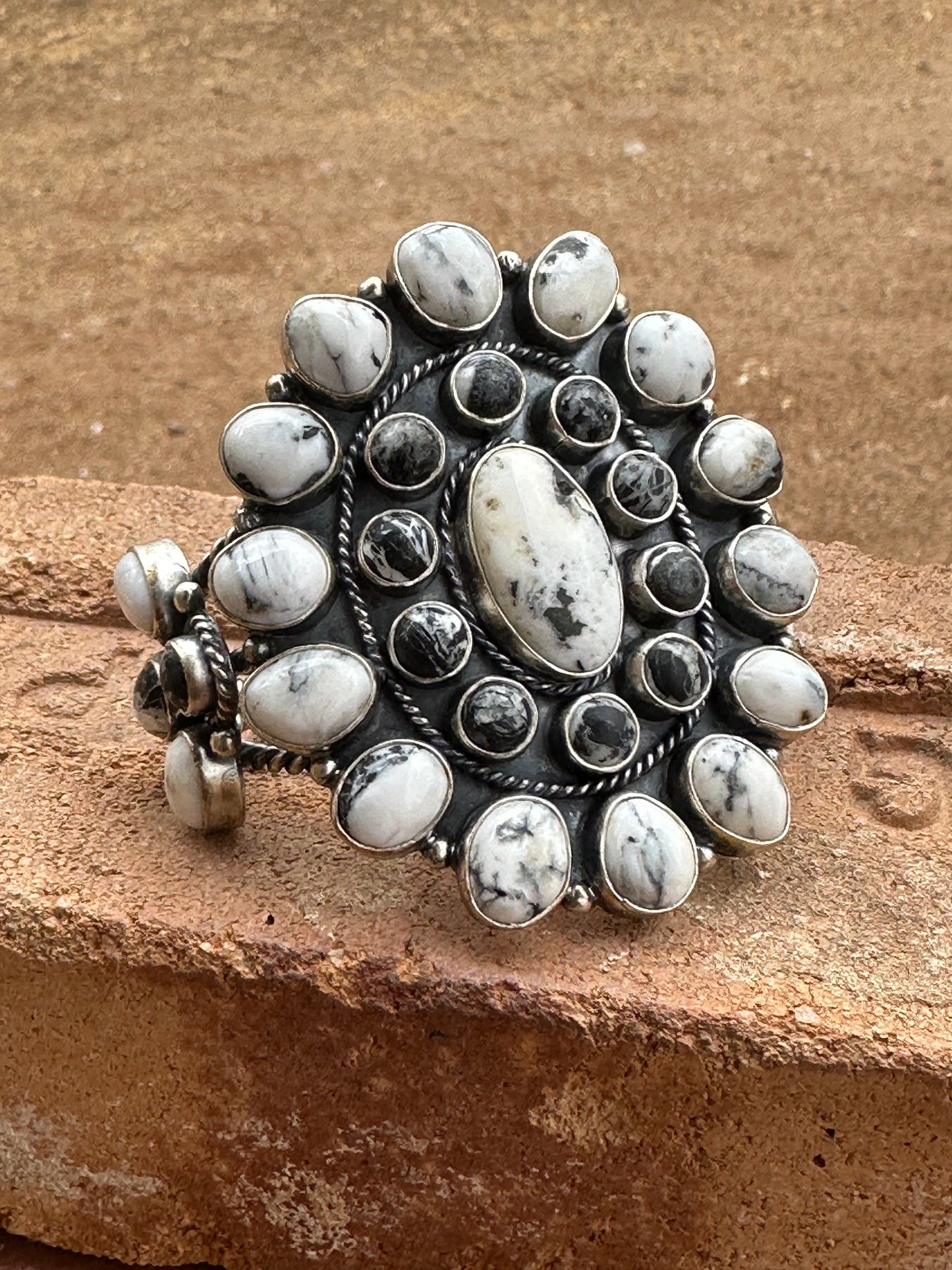 Handcrafted White Buffalo & Sterling Silver Cluster Cuff Bracelet