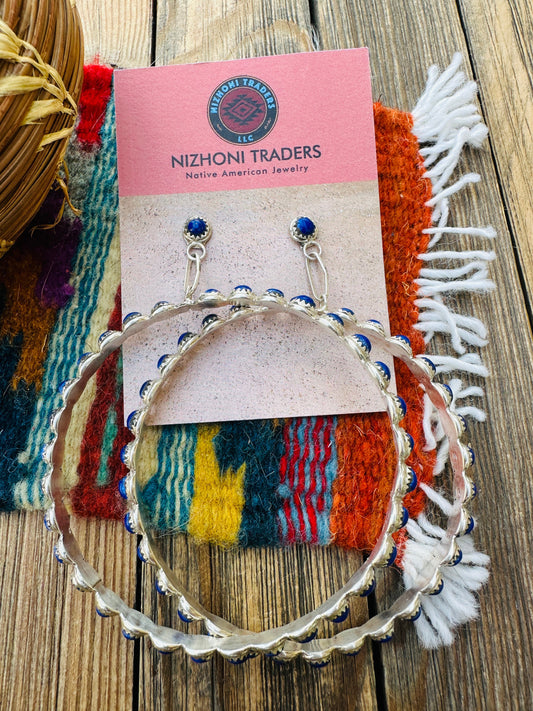 Handcrafted Lapis & Sterling Silver Dangle Hoop Earrings