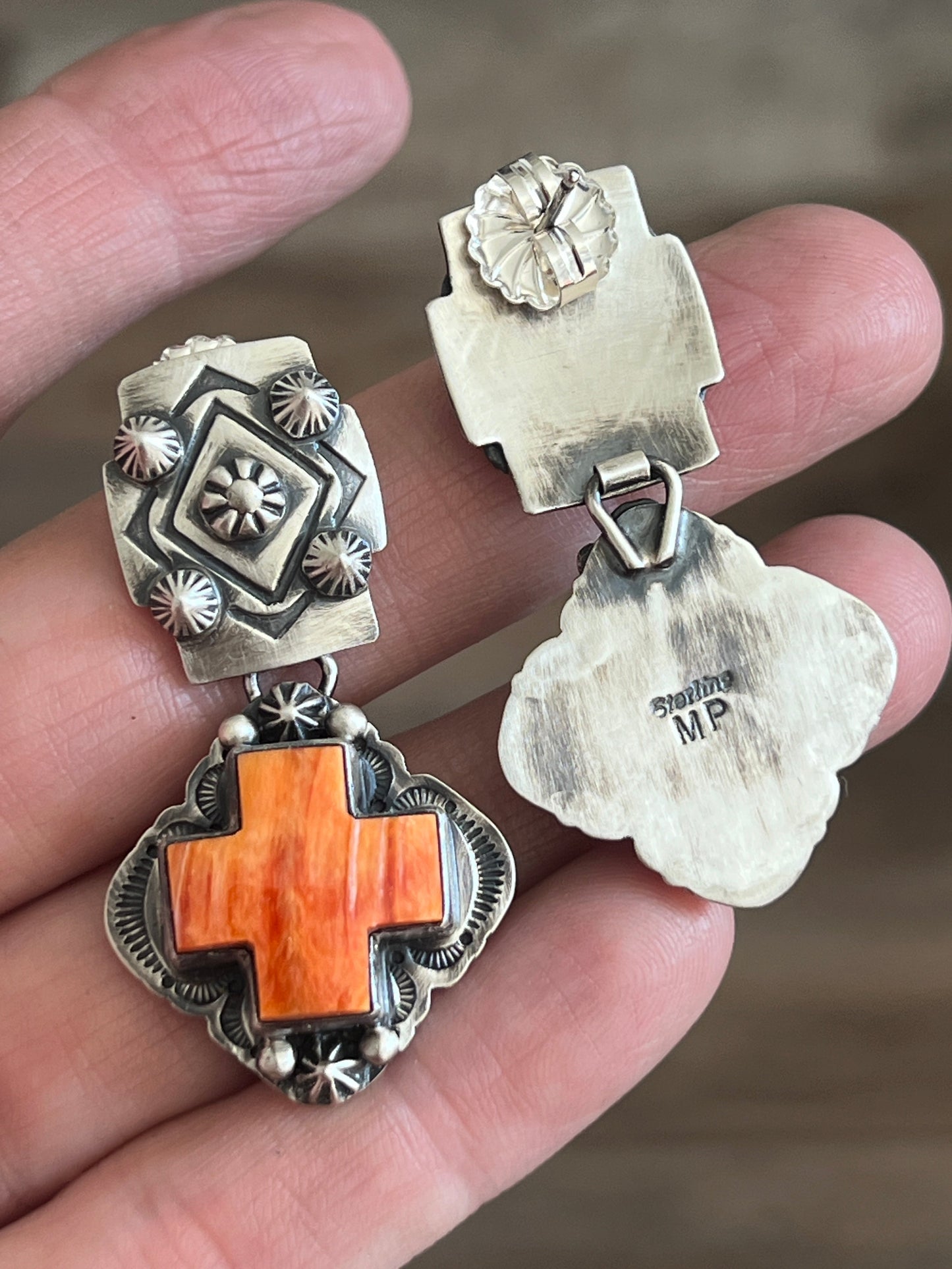 Handcrafted Sterling Silver and Orange Spiny Oyster Shell Santa Fe Cross Earrings by Murphy Platero