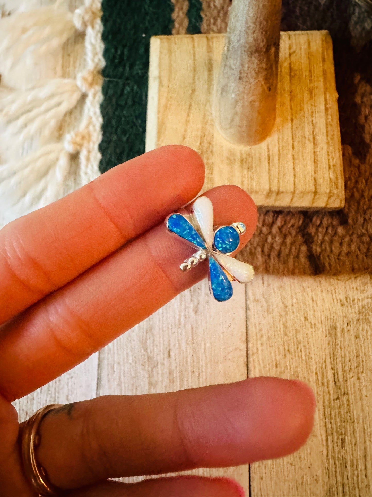 Handcrafted Sterling Silver, Blue & White Opal Dragonfly Ring