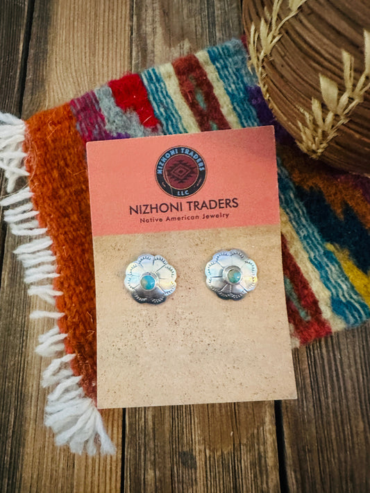Handcrafted Sterling Silver & Turquoise Flower Concho Stud Earrings