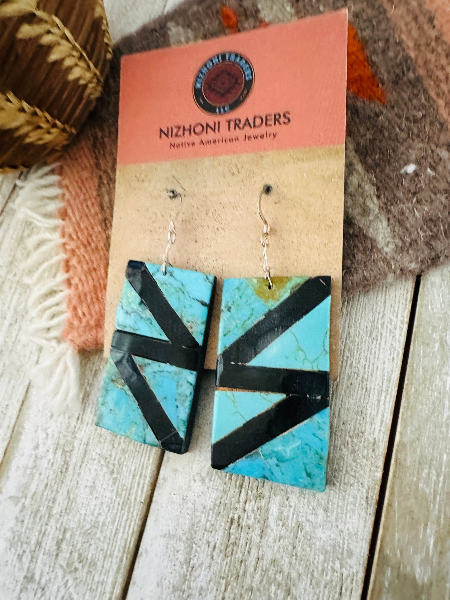 Handcrafted Turquoise & Onyx Inlay Dangle Earrings