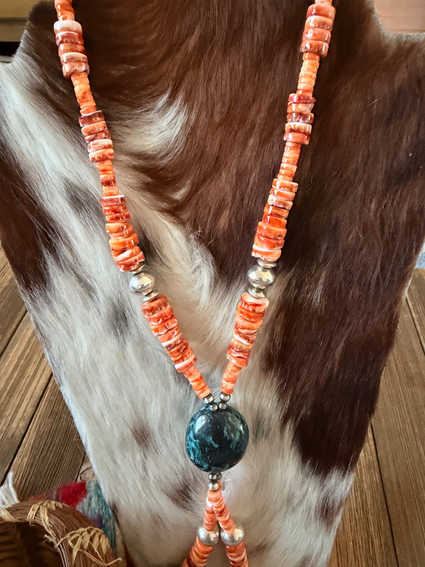 Handcrafted Orange Spiny Oyster, Turquoise & Sterling Silver Beaded Jacla Necklace