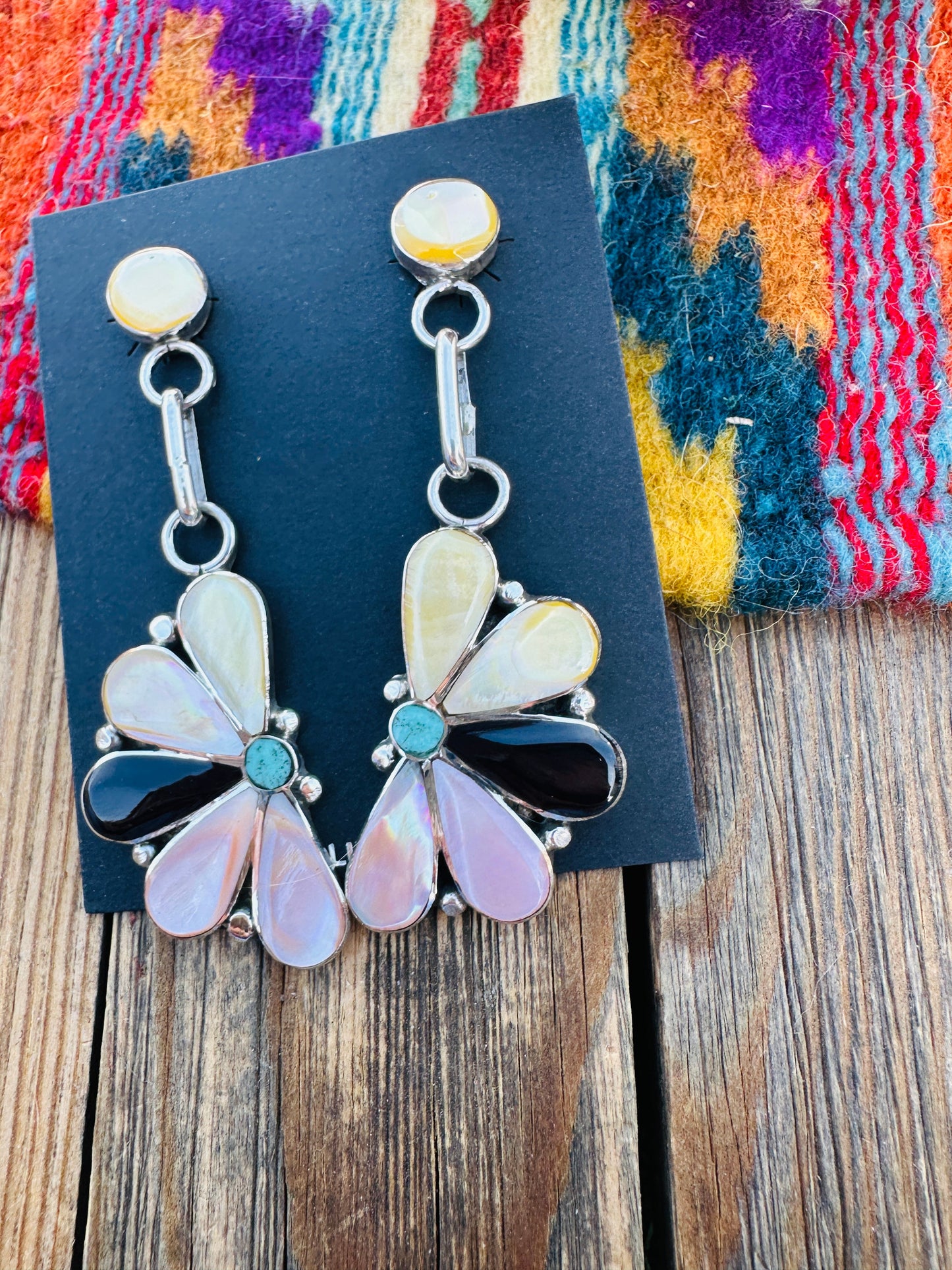 Handcrafted Sterling Silver, Mother of Pearl, Turquoise & Jet Inlay Flower Dangle Earrings