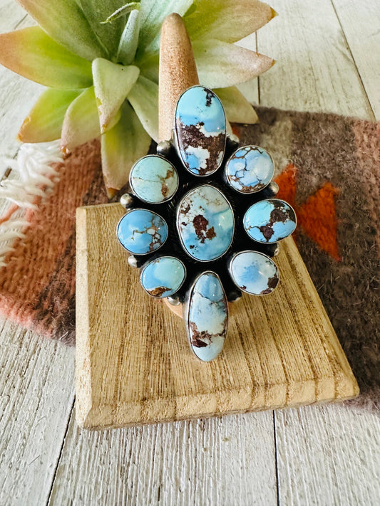 Handcrafted Golden Hills Turquoise & Sterling Silver Cluster Ring Size 9
