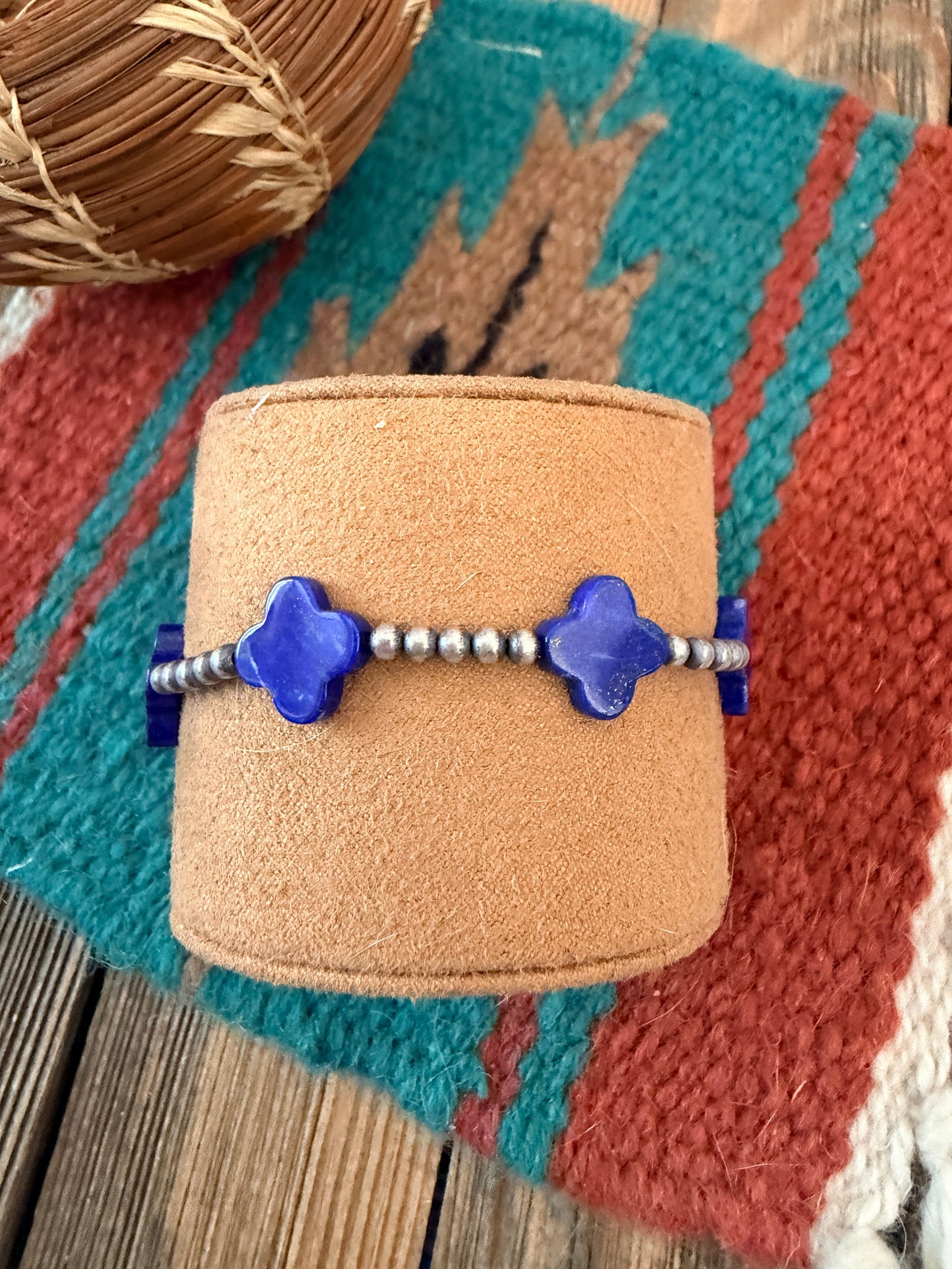 Handcrafted Lapis & Sterling Silver Pearl Cross Beaded Stretch Bracelet