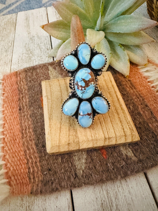 Handcrafted Golden Hills Turquoise & Sterling Silver Cluster Ring Size 8.5