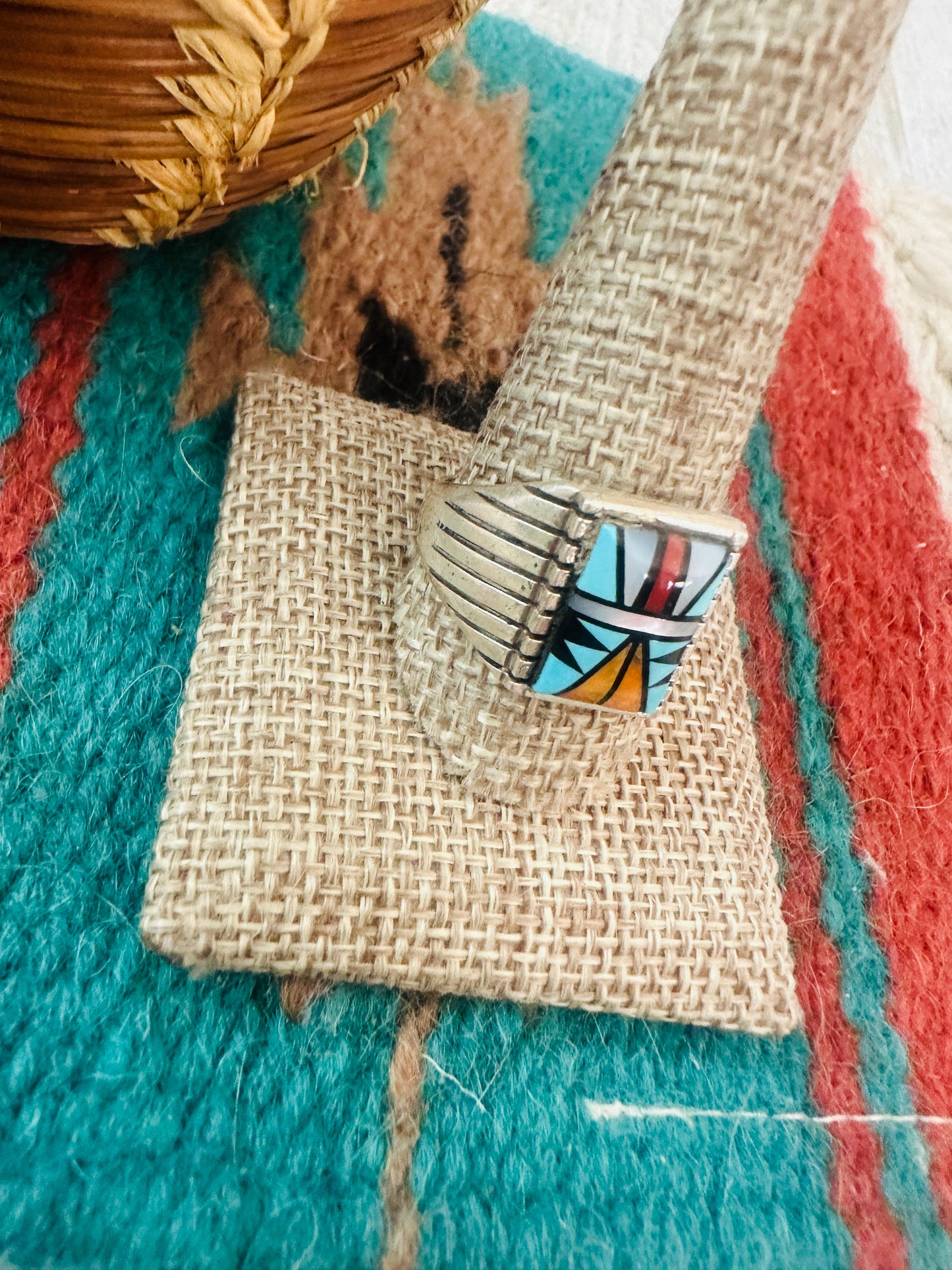 Handcrafted Old Pawn  Sterling Silver & Multi Stone Inlay Ring Size 12