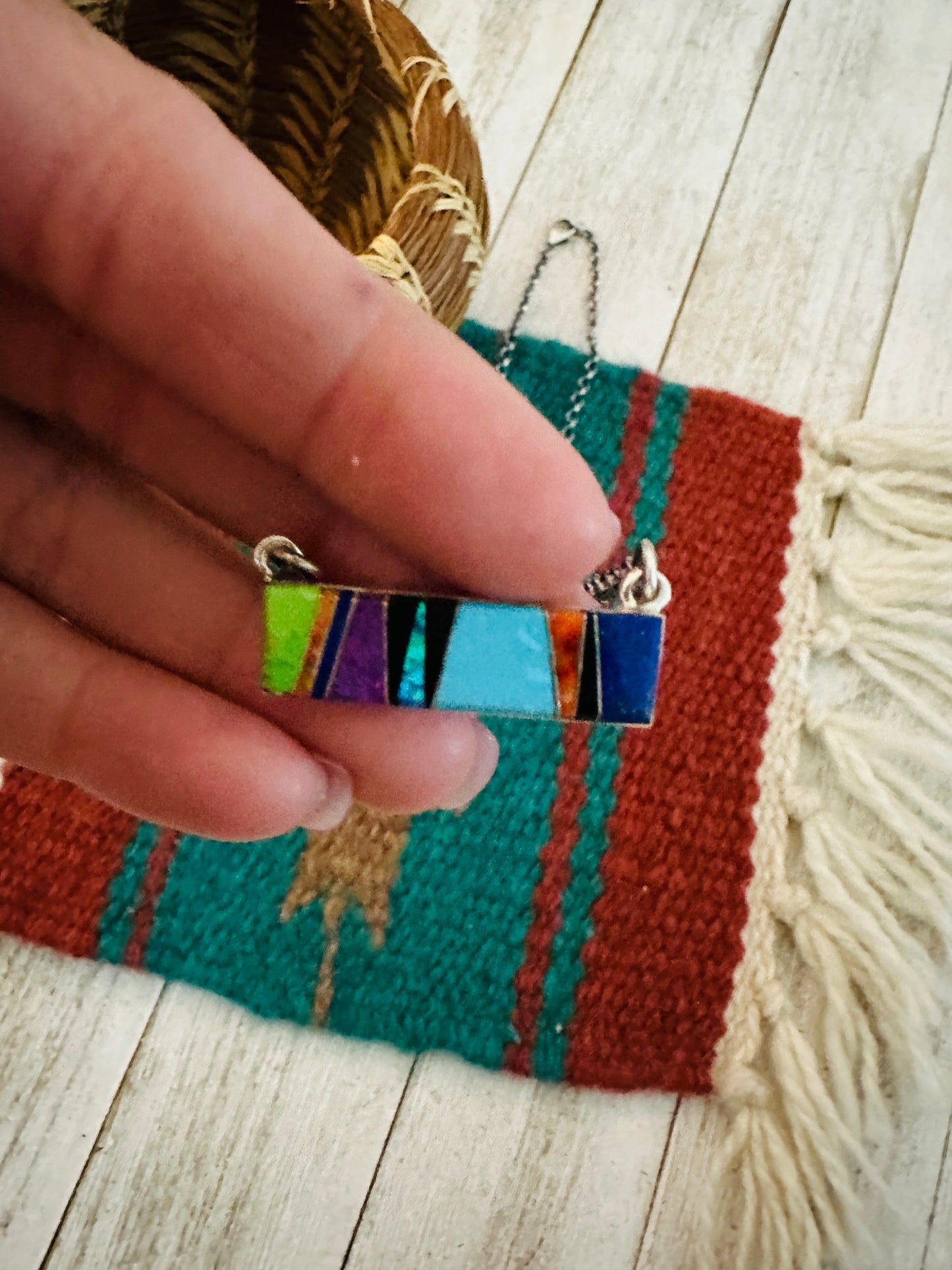 Handcrafted Multi Stone & Sterling Silver Inlay Bar Necklace