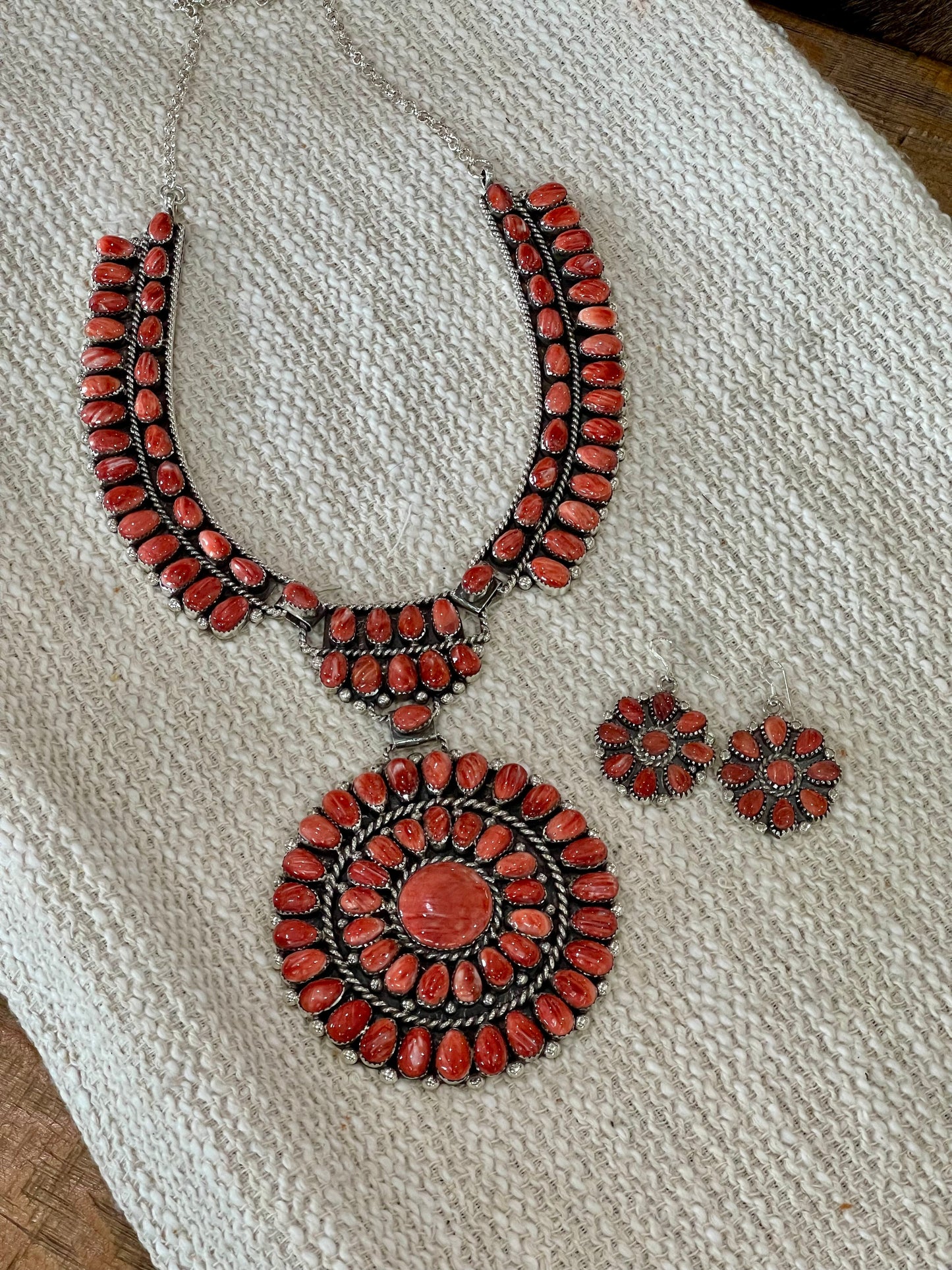 Beautiful Handmade Sterling Silver & Red Spiny Cluster Necklace And Earring Set