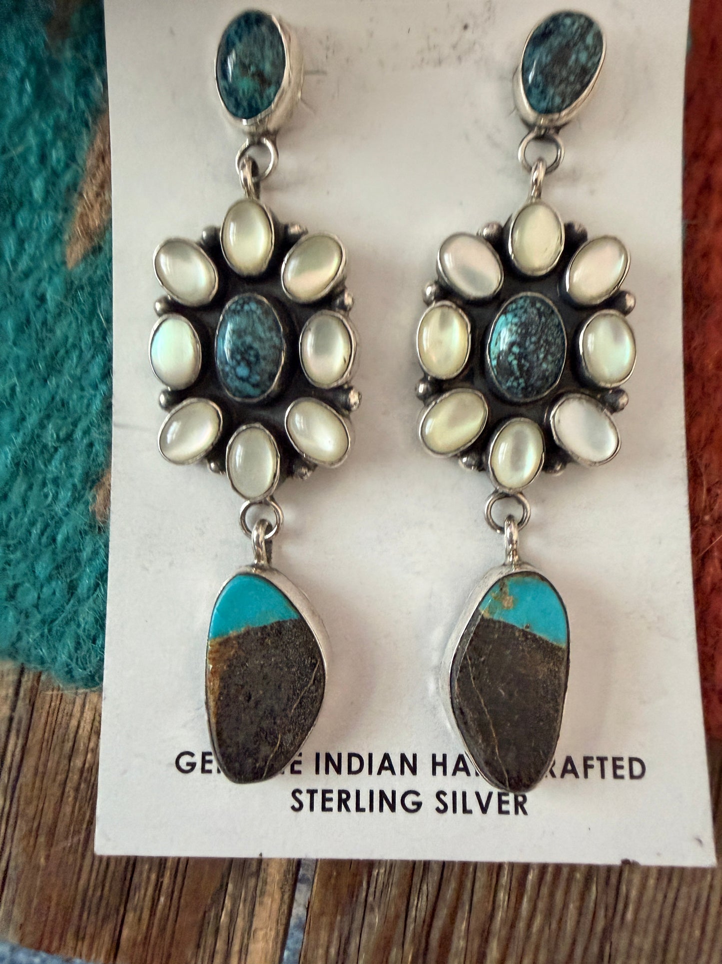 Handcrafted Mother of Pearl, Turquoise & Sterling Silver Dangle Earrings by Jacqueline Silver