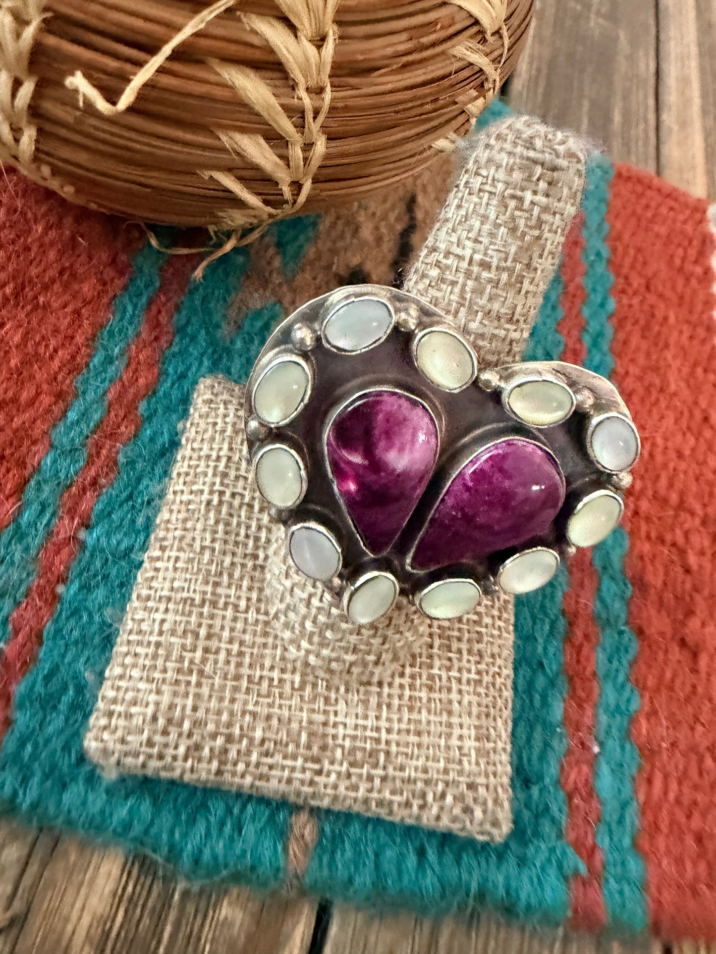 Handcrafted Spiny Oyster, Mother of Pearl & Sterling Silver Adjustable Heart Ring by Jacqueline Silver