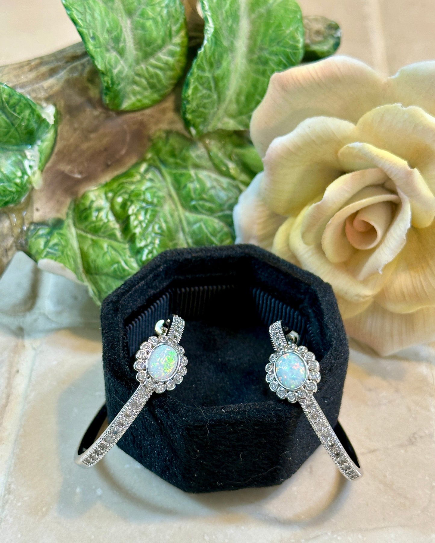 CZ Studded Opal Hoop Earrings Silver