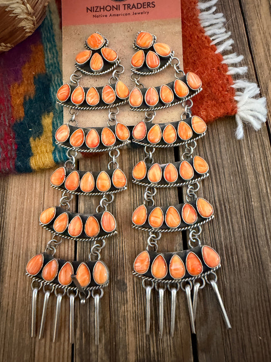 Handcrafted Orange Spiny Oyster & Sterling Silver Chandelier Dangle Earrings by Charles Johnson