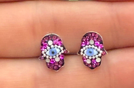 Hamsa Pink Evil Eye Sterling Silver Stud Earrings