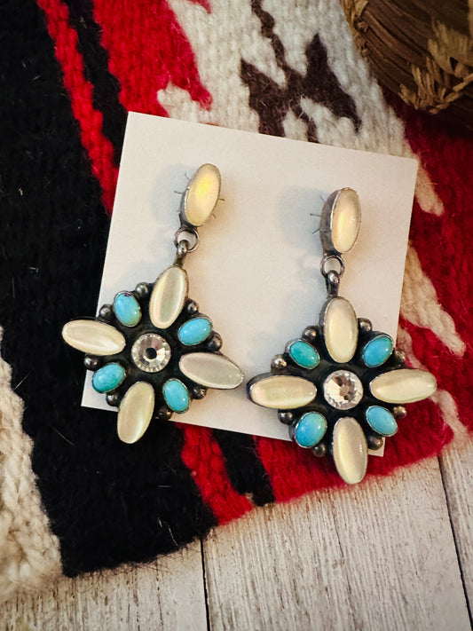 Handcrafted Mother of Pearl, Turquoise, CZ & Sterling Silver Dangle Earrings