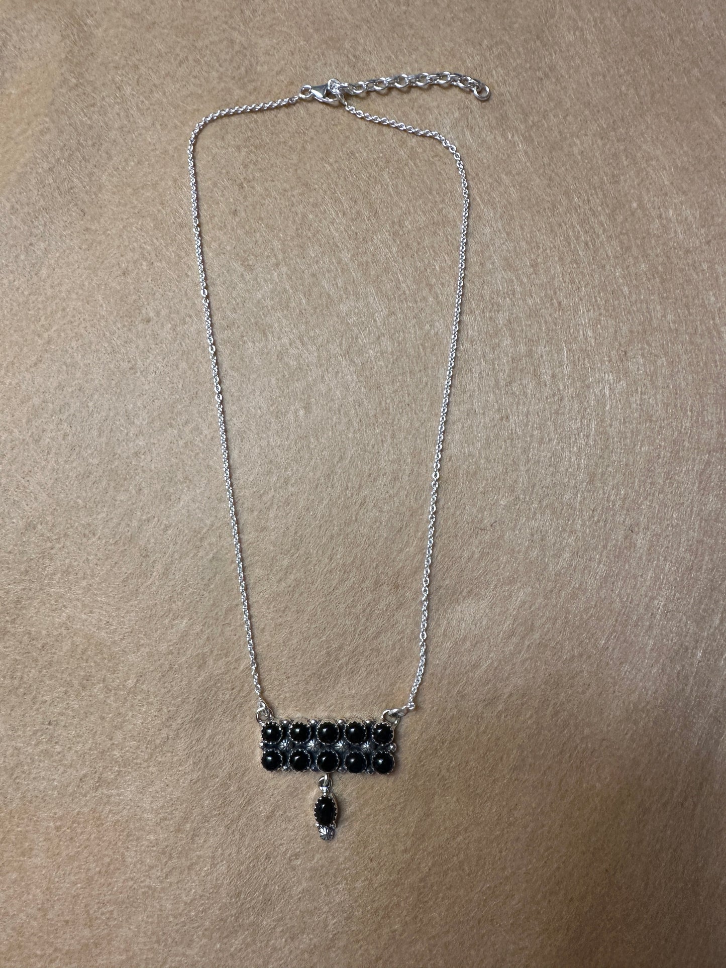 Handmade Sterling Silver & Black Onyx Tear Drop Dangle, Bar Necklace