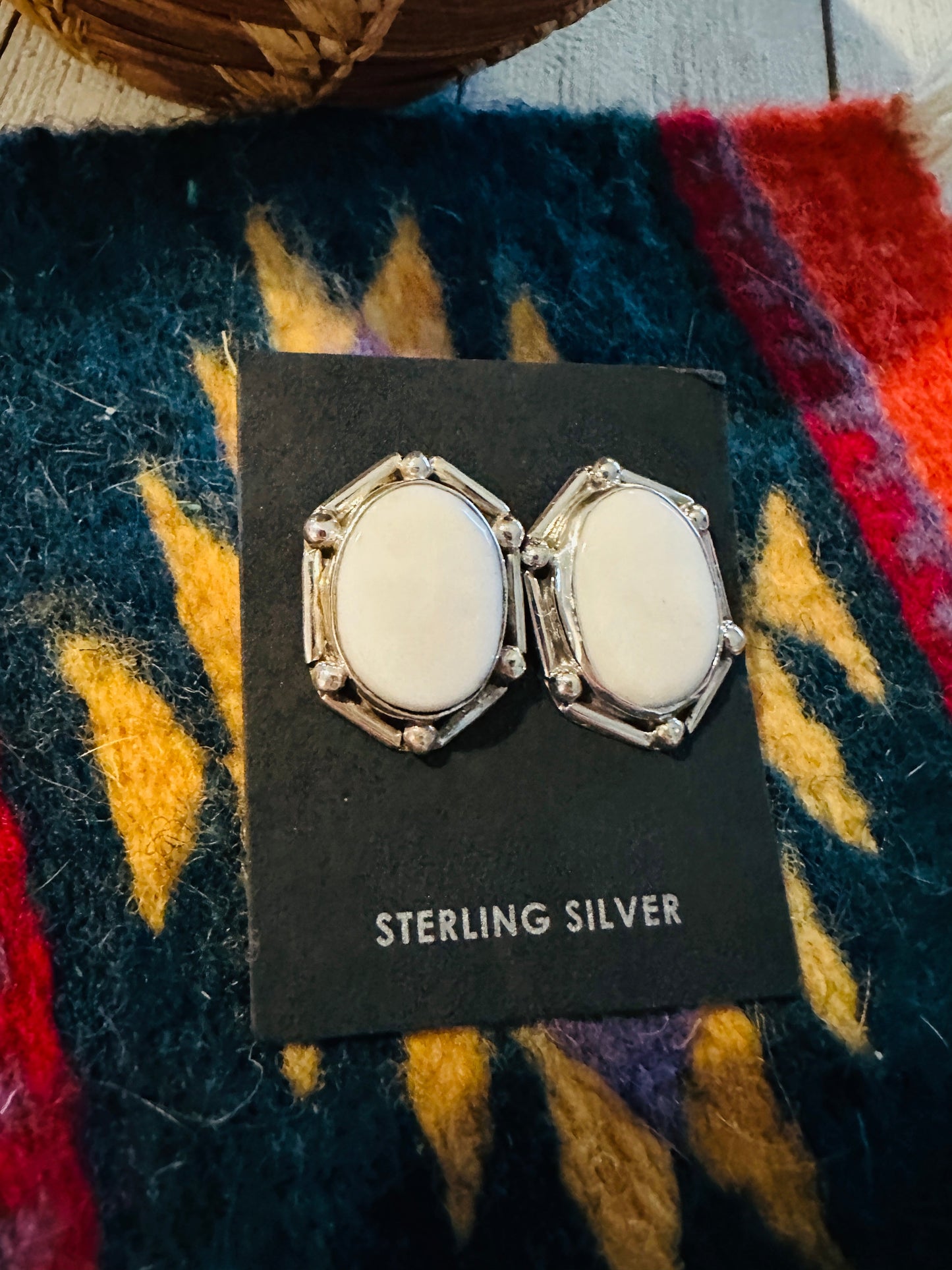 Navajo White Buffalo and Sterling Silver Post Earrings