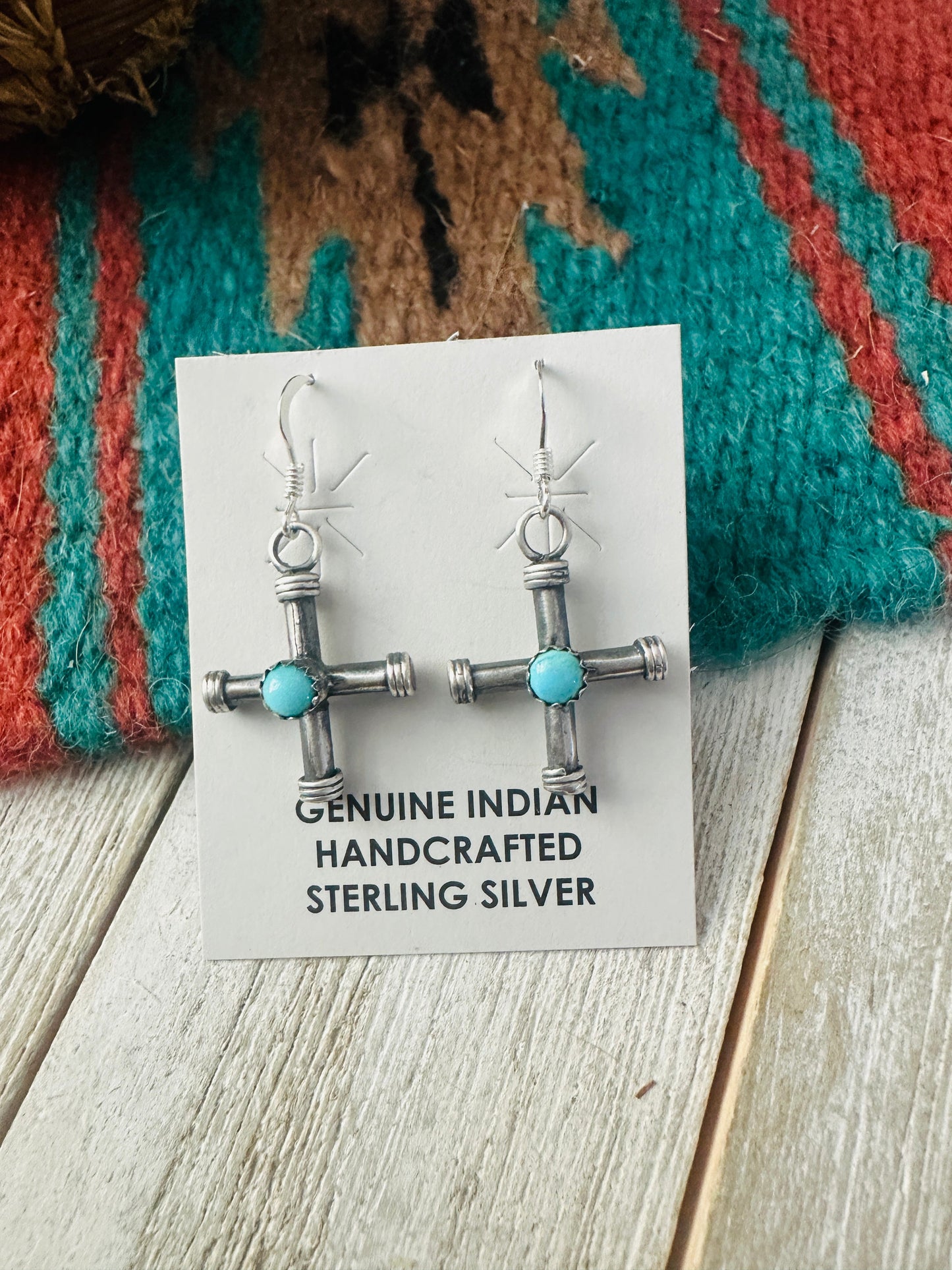 Handcrafted Sterling Silver & Turquoise Cross Dangle Earrings