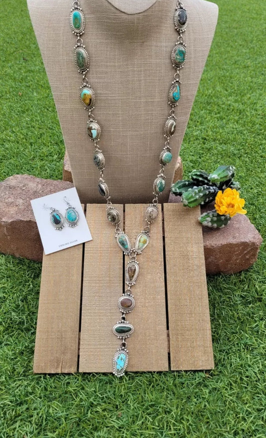Handcrafted Sterling Silver & Multi Turquoise Lariat Necklace Set by Kee Johnson