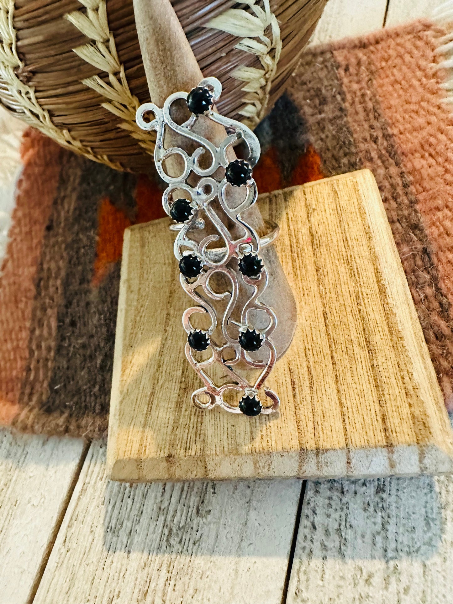 Handcrafted Sterling Silver & Onyx Adjustable Abstract Ring