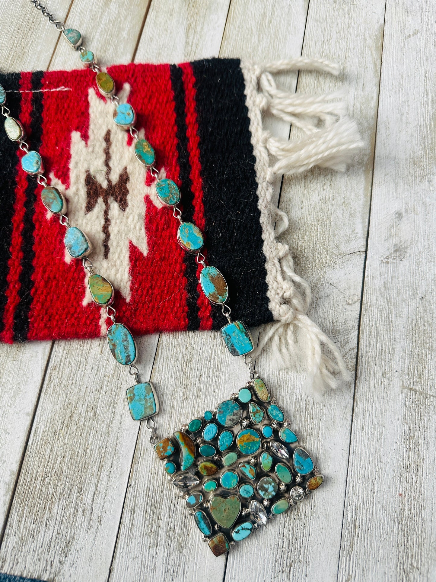 Handcrafted Royston Turquoise, CZ & Sterling Silver Cluster Necklace by Jacqueline Silver