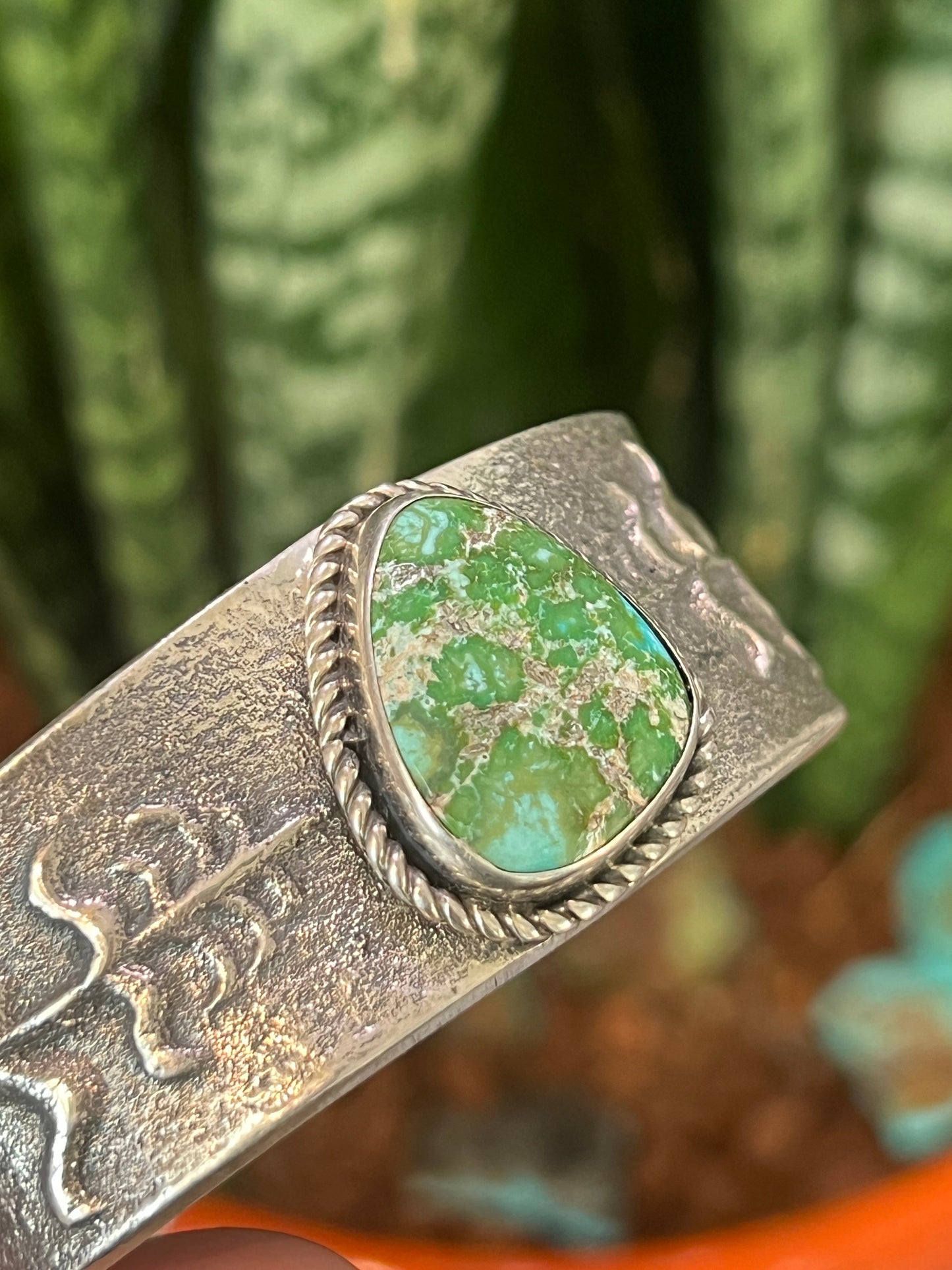 Handcrafted Sterling Silver Tufa Cast Corn Stalk Cuff with Sonoran Gold Turquoise by Gary Custer
