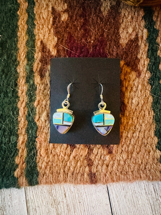 Handcrafted Sterling Silver & Multi Stone Inlay Dangle Earrings