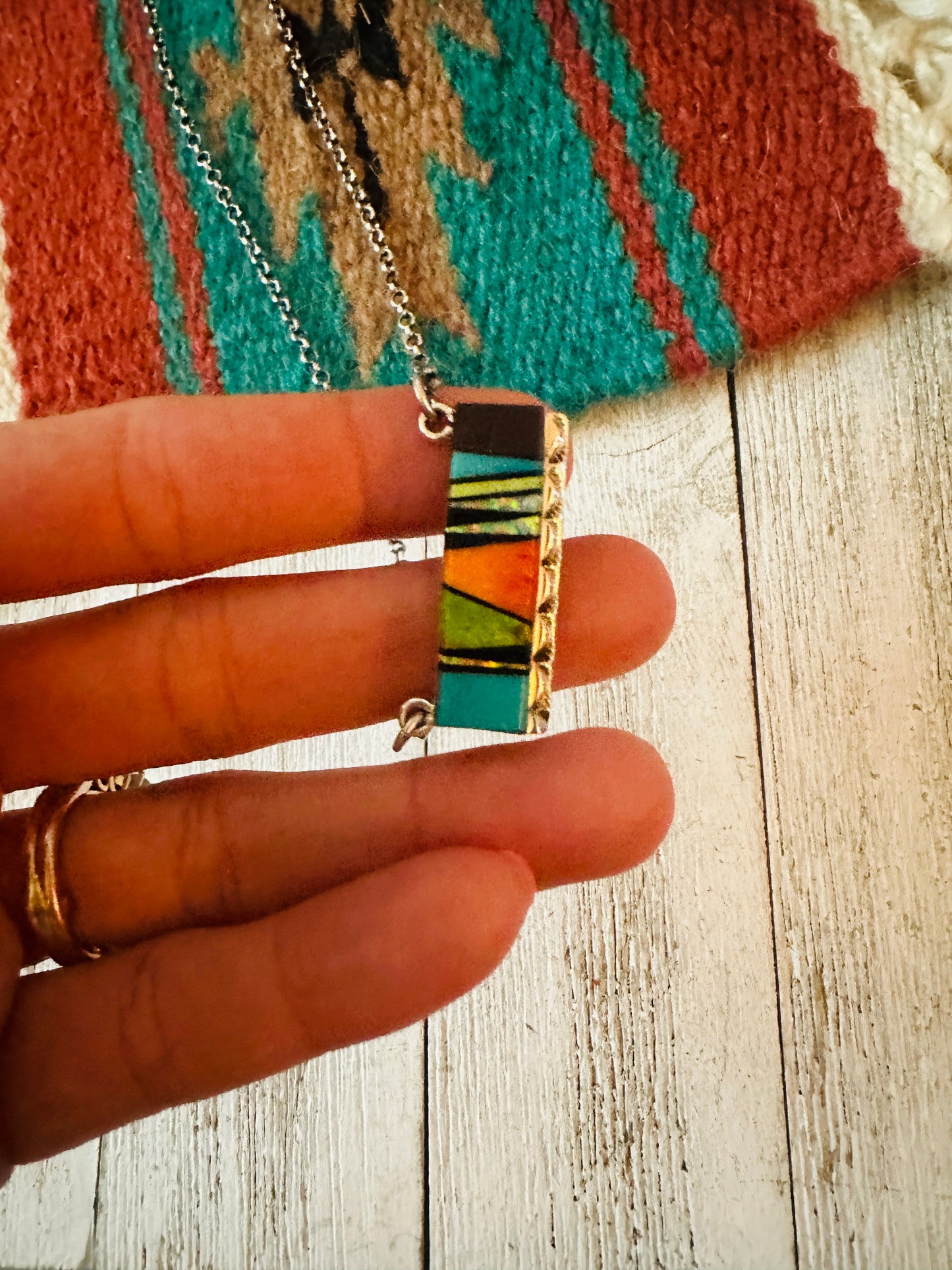 Handcrafted Multi Stone & Sterling Silver Inlay Bar Necklace