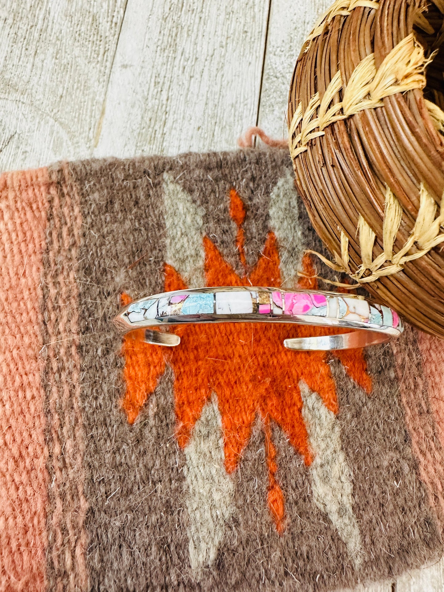 Handcrafted Cotton Candy & Sterling Silver Inlay Cuff Bracelet