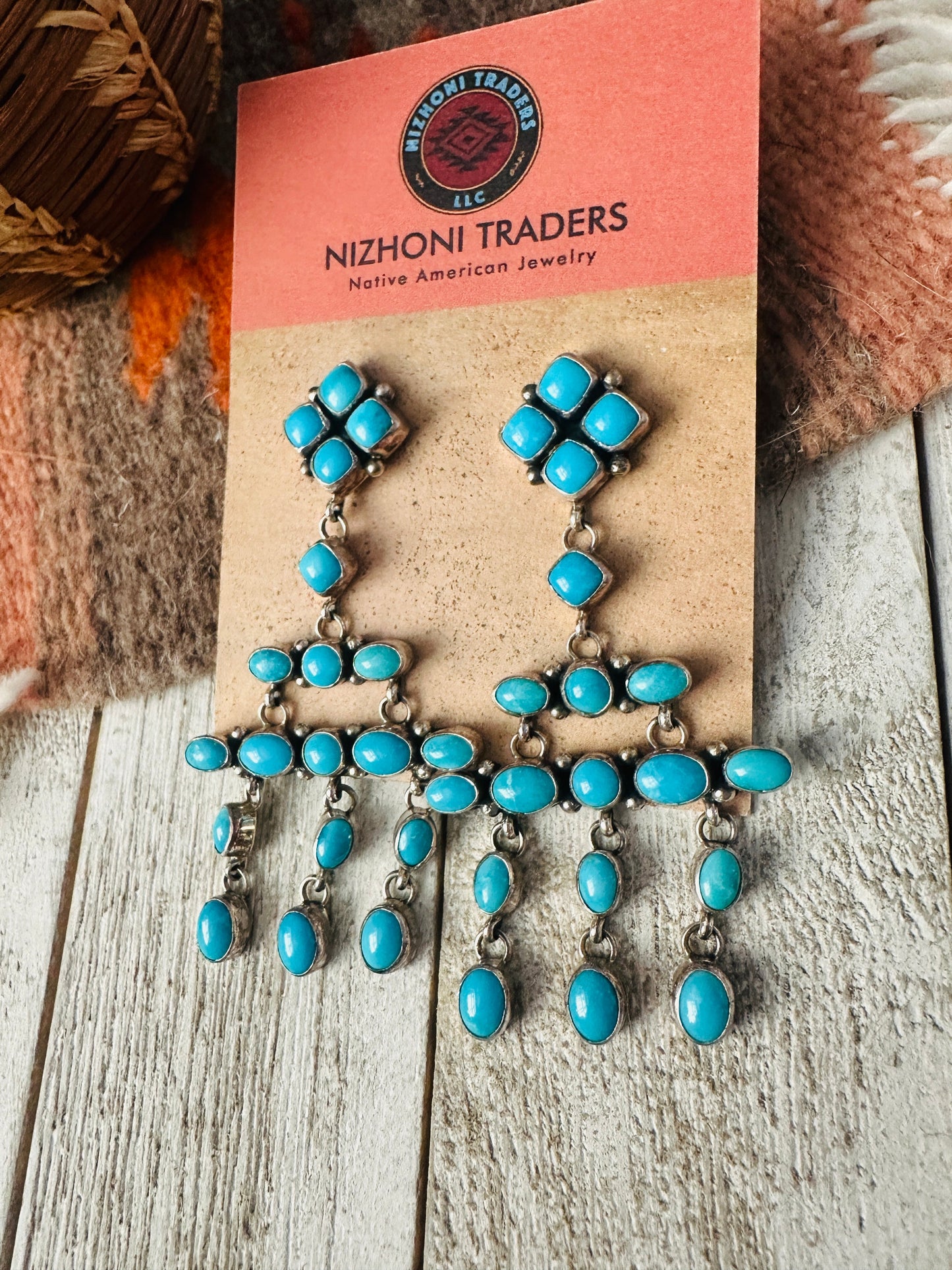 Handcrafted Sterling Silver & Turquoise Cluster Dangle Earrings