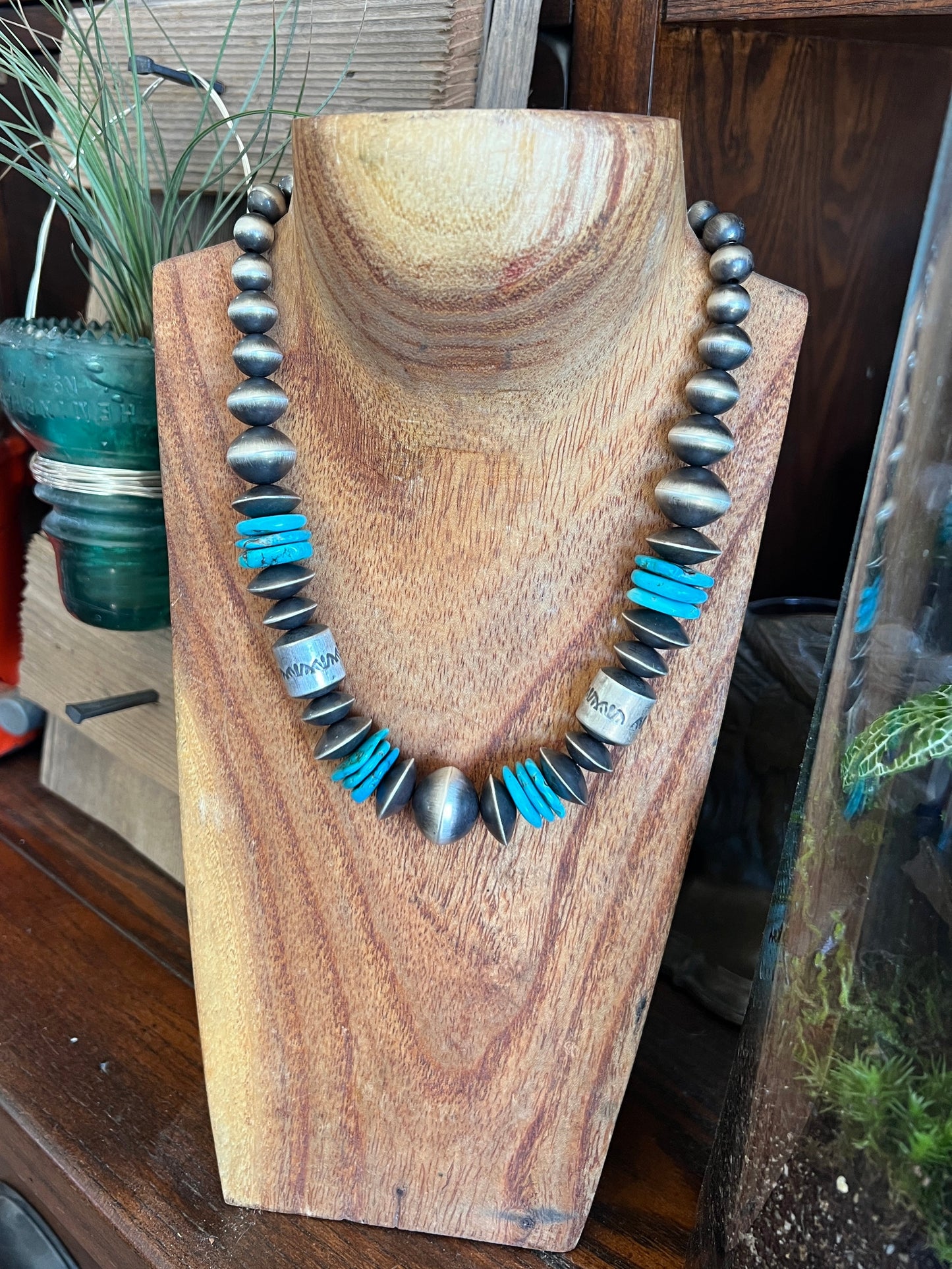 Handcrafted Sterling Silver and Kingman Turquoise Beaded Necklace by Rose Martin, 18 Inches